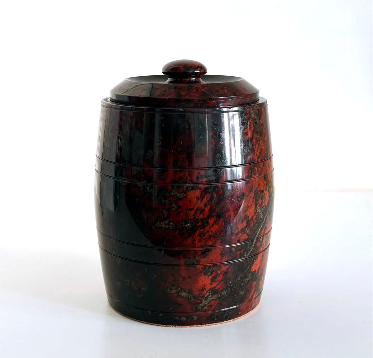 A Red Cornish Serpentine Stone Tobacco Barrel, c.1880