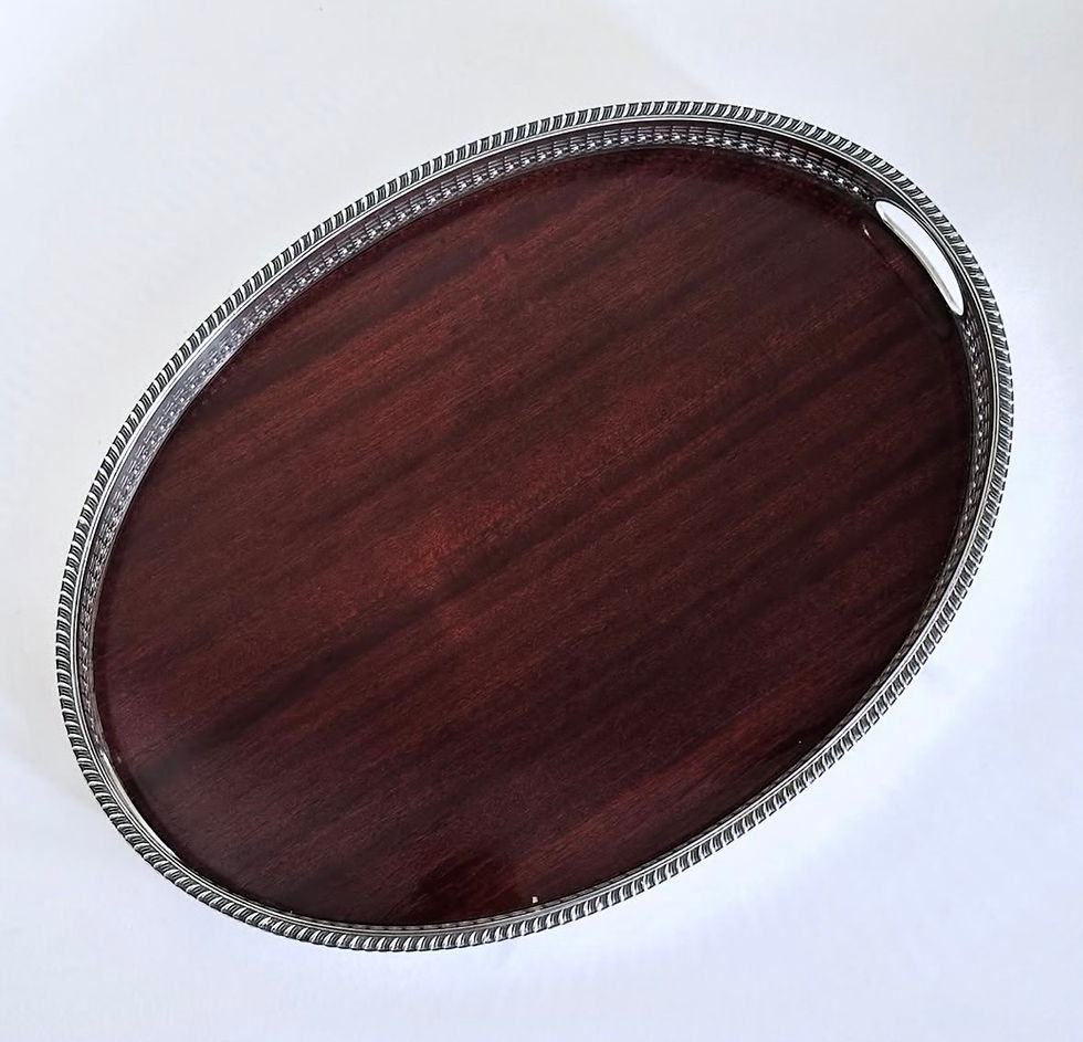 Thumbnail: An Oval Silver Plated and Mahogany Gallery Tray by Harrods, c.1960