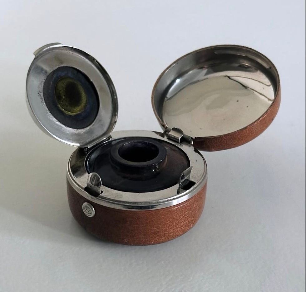 Thumbnail: A Campaign Leather and Silver Monogrammed Inkwell, c.1900