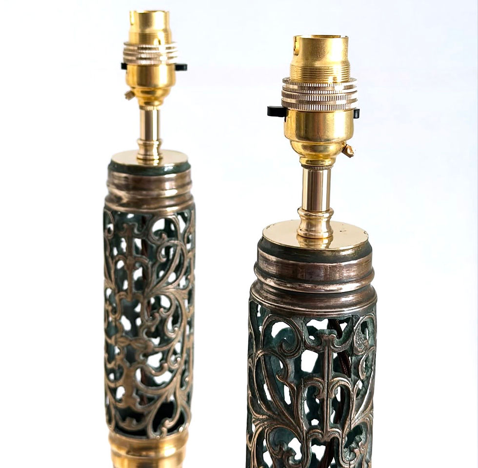 Thumbnail: A Tall Pair of Pierced Brass Table Lamps, c.1900