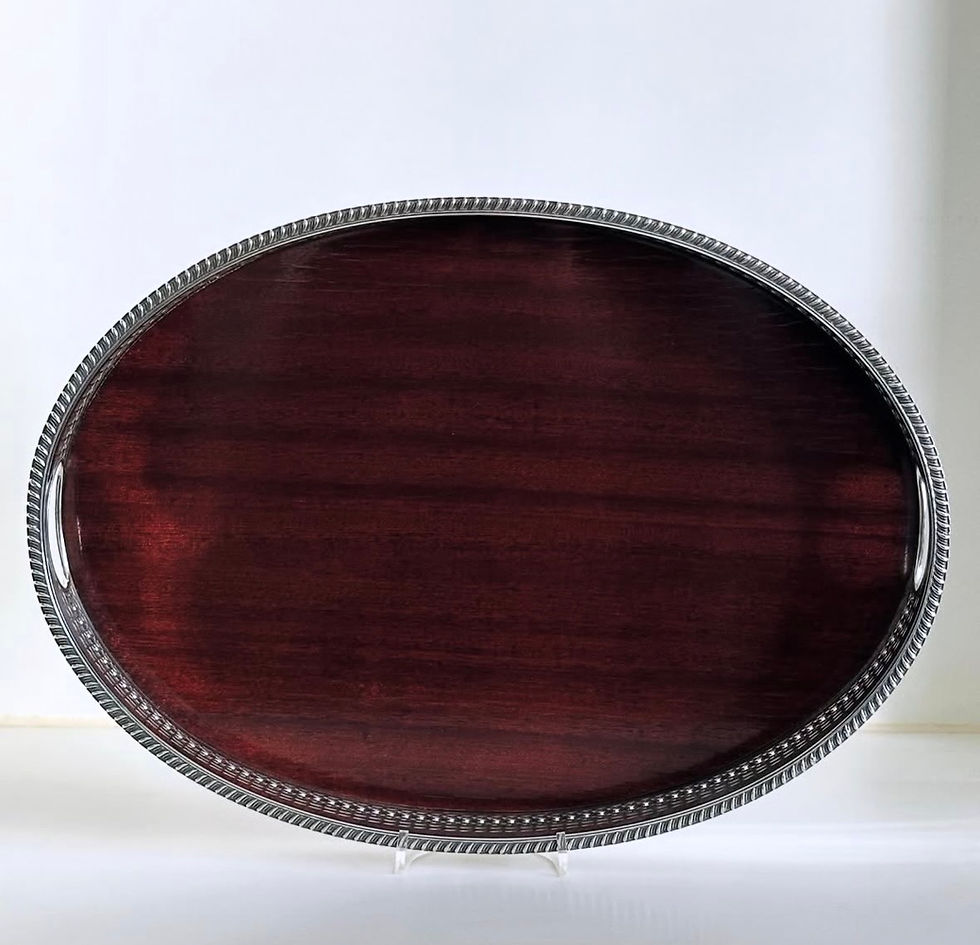Thumbnail: An Oval Silver Plated and Mahogany Gallery Tray by Harrods, c.1960