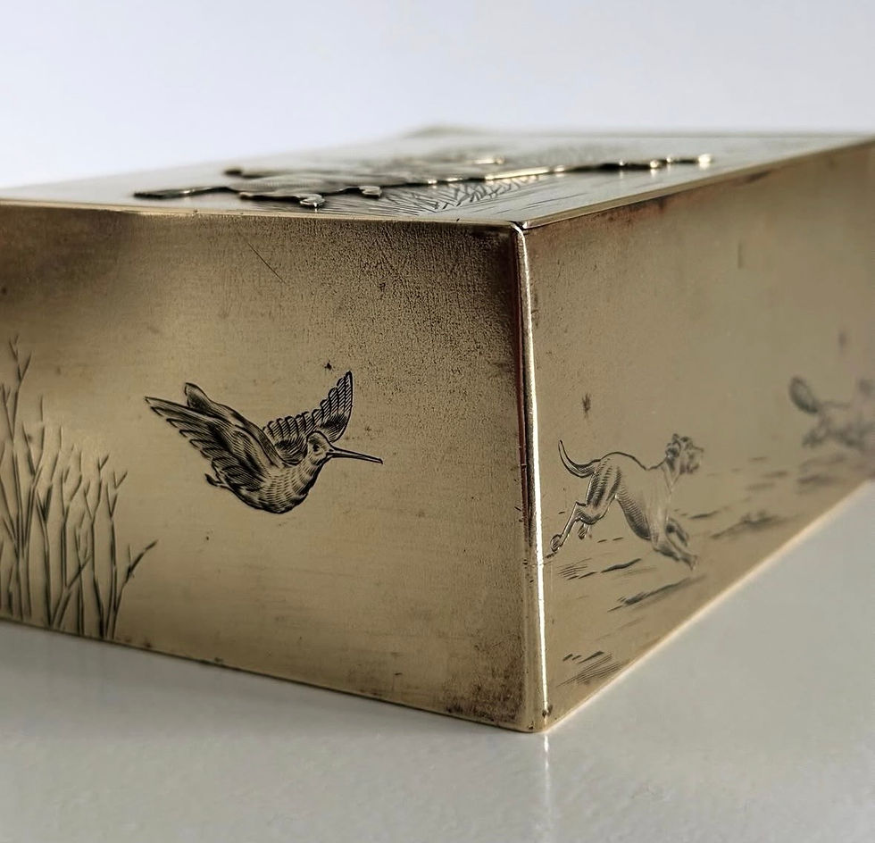 Thumbnail: A Deco Period Brass Box with Embossed and Engraved Hunting Scenes, c.1920