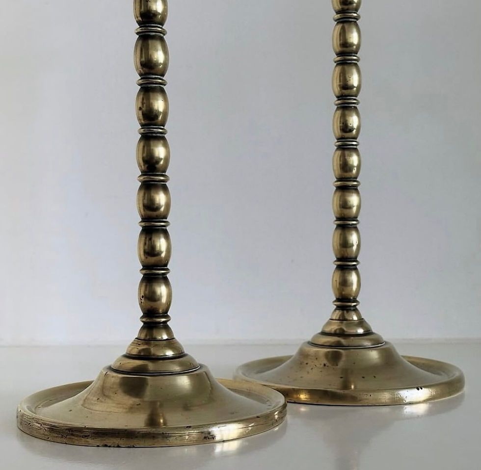 Thumbnail: A Pair of Victorian Brass Bobbin Turned Candlesticks, c.1880