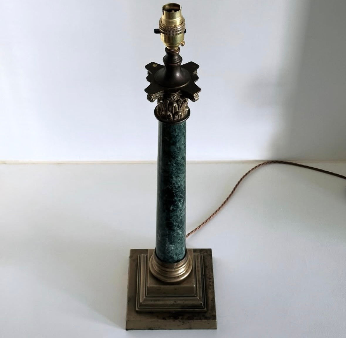 A Tall 20th Century Green Marble and Brass Corinthian Column Lamp, c.1980s
