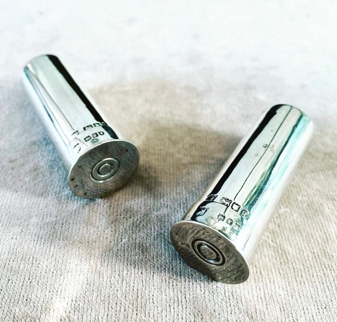 A Pair of Silver Shotgun Cartridge Pepper Shakers, c.1902