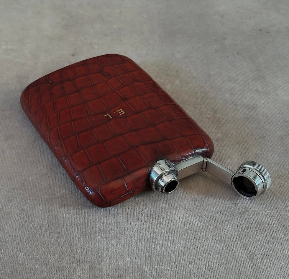 Thumbnail: An Edwardian Crocodile Skin and Silver Plated Hip Flask, c.1910