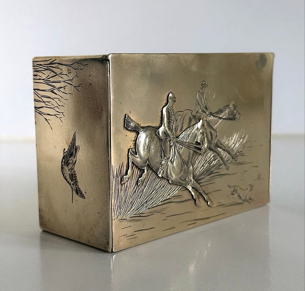 Thumbnail: A Deco Period Brass Box with Embossed and Engraved Hunting Scenes, c.1920
