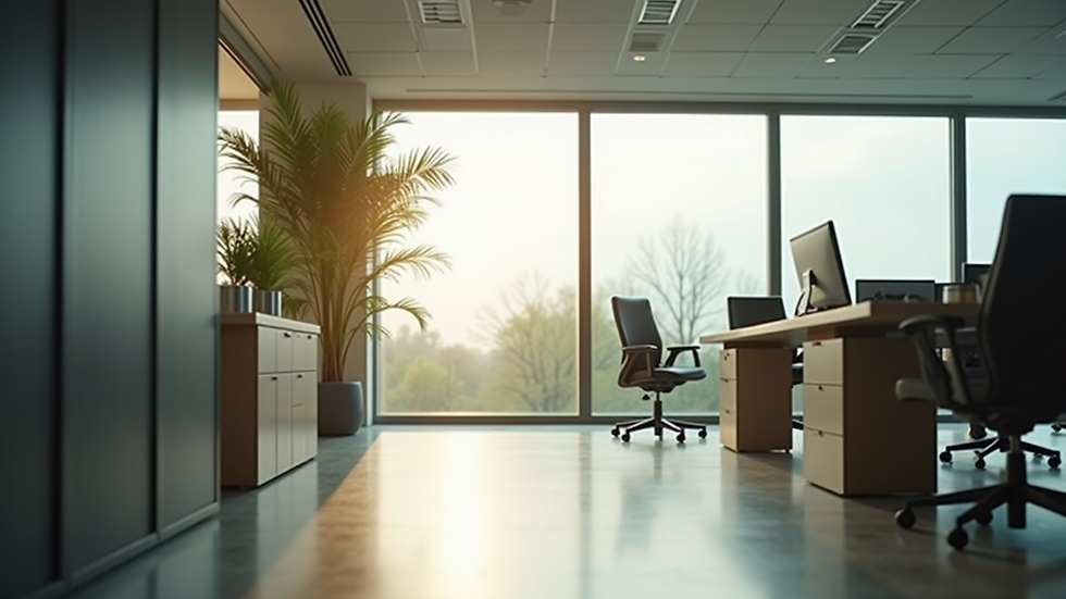 Eye-level view of a modern office space with a large window and greenery