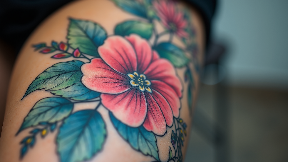 Eye-level view of a watercolor tattoo with vibrant colors