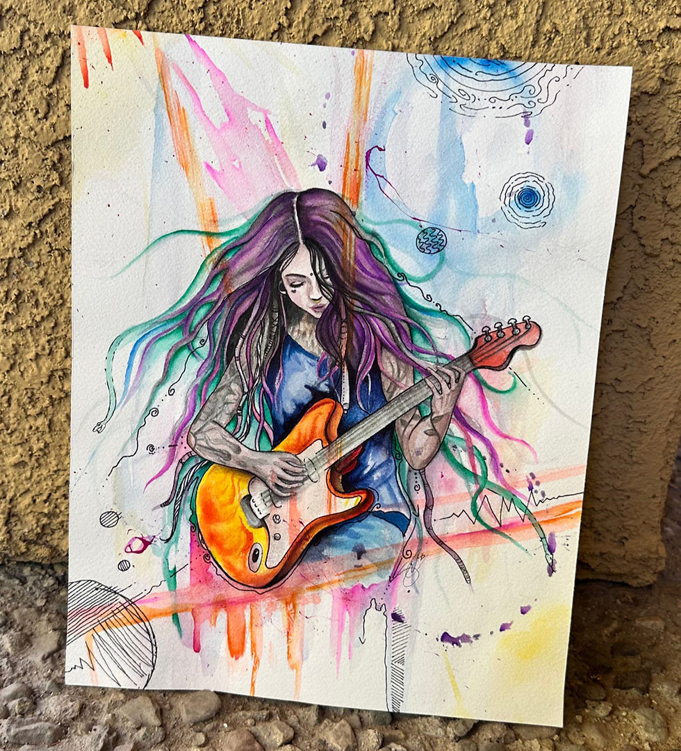 Close-up view of a watercolor painting of a tattoo design