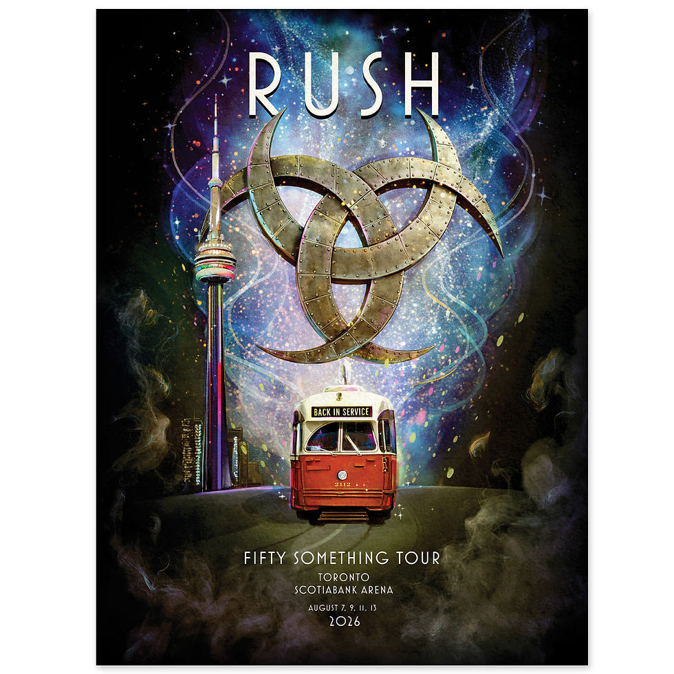 הפוסטר הרשמי של הופעות Rush בטורונטו, Scotiabank Arena, 7, 9, 11 ו-13 באוגוסט 2026.