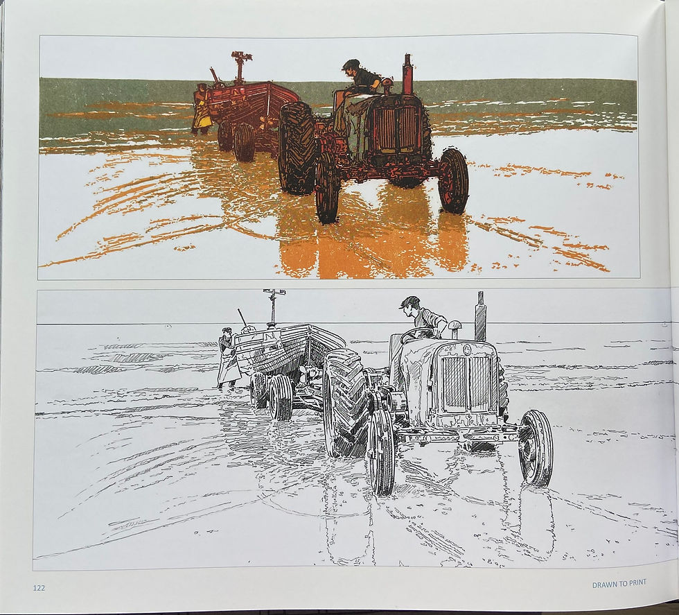Page depicting pring with drawing below of linocut print 'Coming Ashore' 2002