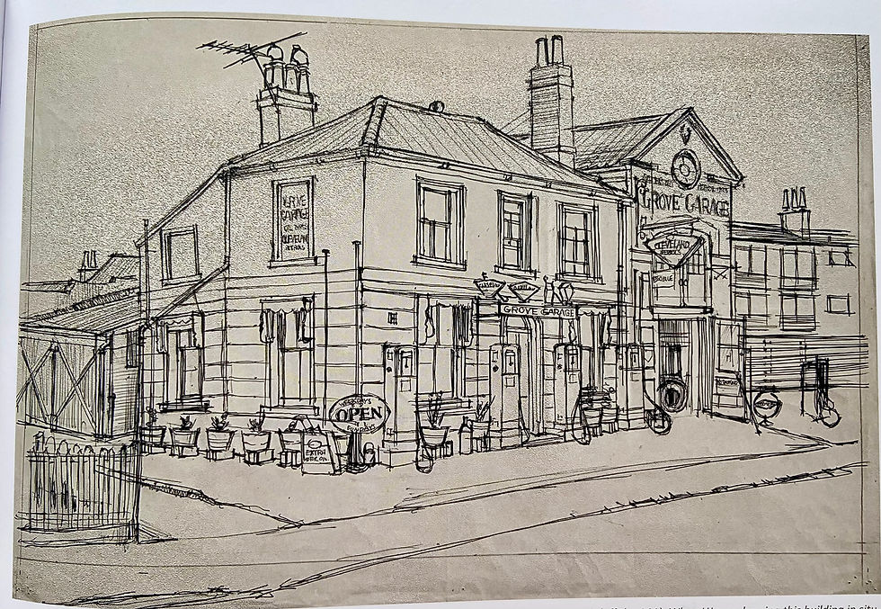 Drawing and linocut print of HJ Jackson's Grove Garage. Printed 1964