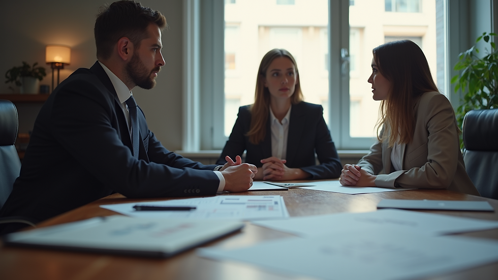 Eye-level view of a legal consultant discussing strategies with a client