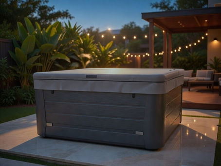 Sundance Hot tub with AIRCAP™ hot tub cover on a patio at dusk, surrounded by lush greenery and string lights creating a cozy atmosphere. 