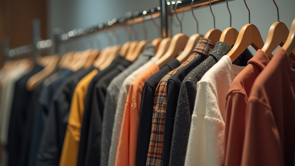 Eye-level view of a clothing rack with various stylish outfits