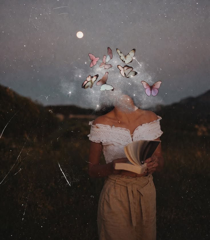 woman with butterflies for her head reading a book representing shifting perspectives for Sagittarius Full moon May 2026