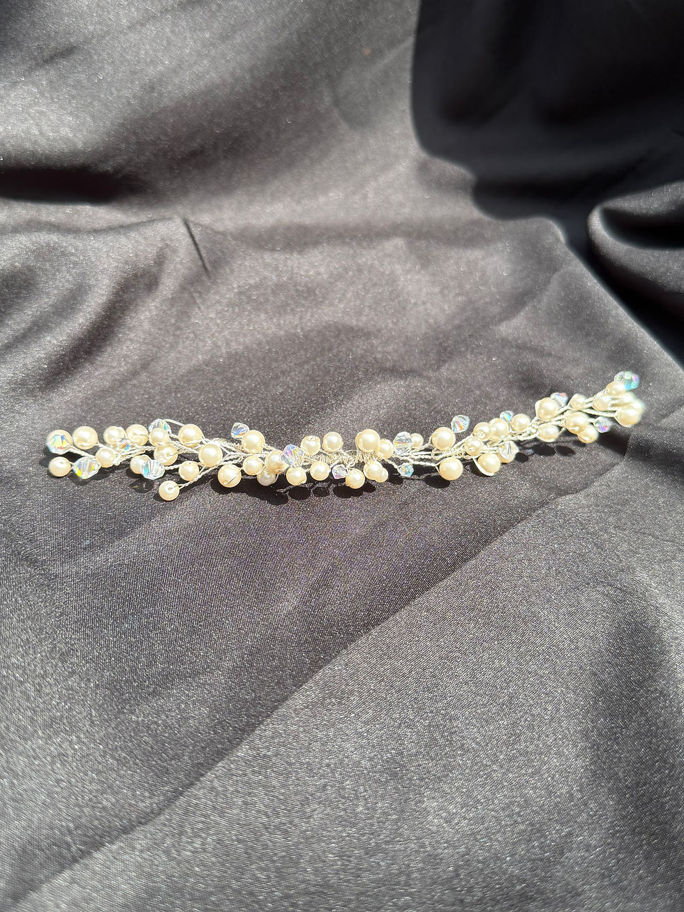 Handcrafted bridal hair vine with glass pearls and crystals on silver plated wire in a delicate branch design