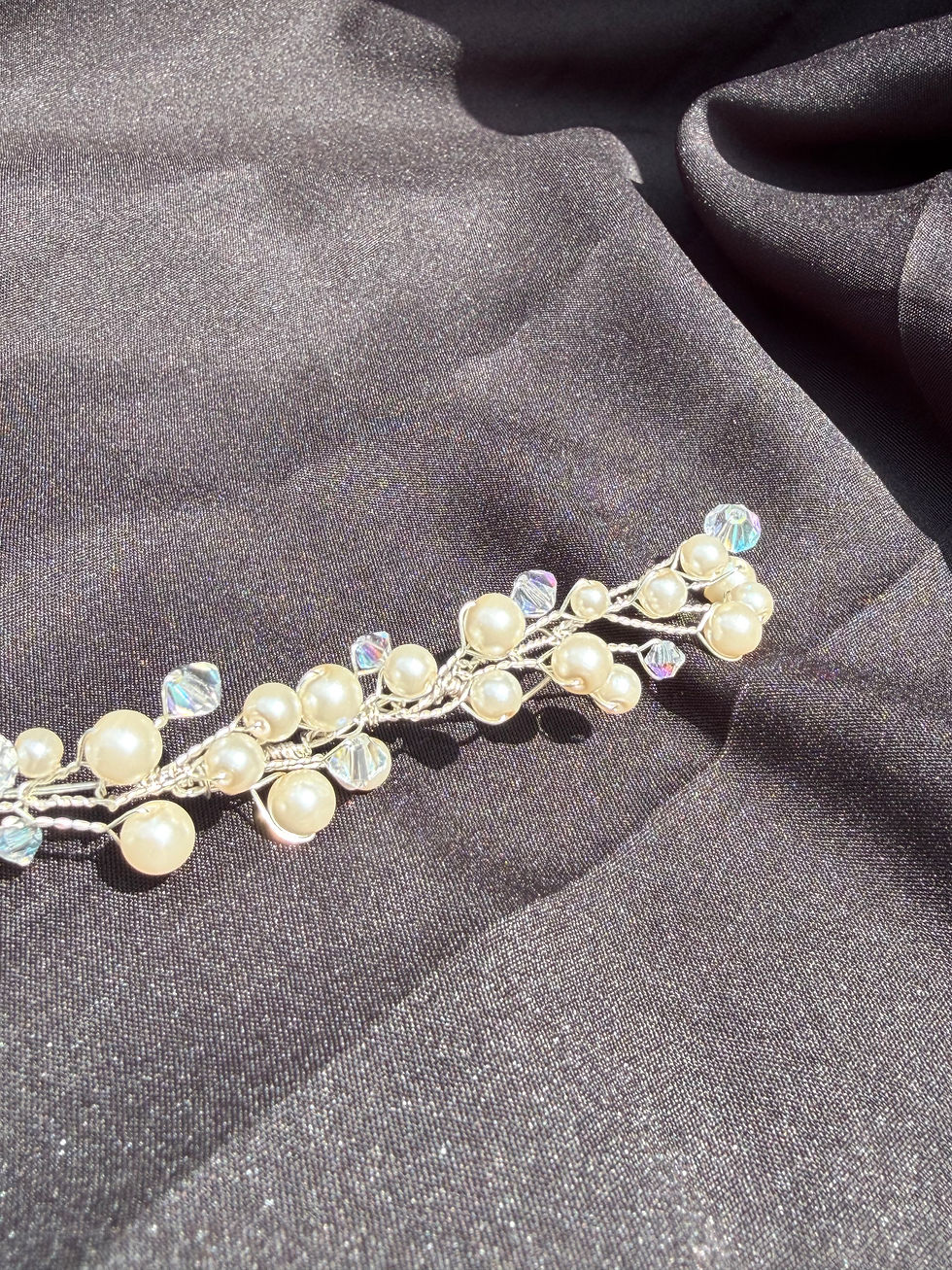 Thumbnail: Handcrafted bridal hair vine with glass pearls and crystals on silver plated wire in a delicate branch design