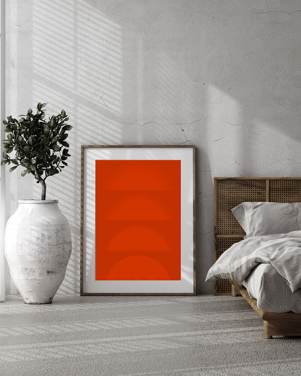 Bright orange sun-colored design with subtle "dawn" text at the bottom.