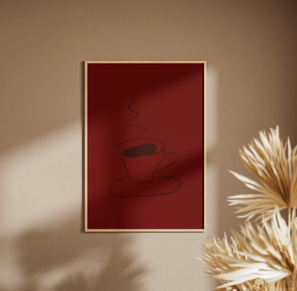 Printable poster capturing a calm first coffee moment, with playful minimalist red design.