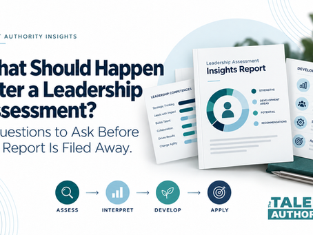 Leadership assessment report showing the Talent Authority Assess, Interpret, Develop, Apply development process