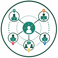 Abstract geometric icon representing hybrid and distributed team leadership, with connected team nodes, virtual communication pathways, location markers, and accountability indicators in Talent Authority brand colors.