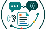 Abstract geometric icon representing workplace English communication skills, with conversation shapes, writing elements, listening indicators, and workplace connection symbols in Talent Authority brand colors.