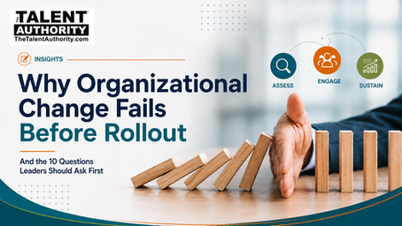 Talent Authority Insights graphic for “Why Organizational Change Fails Before Rollout,” showing falling dominoes stopped by a hand, with icons for assessing, engaging, and sustaining change to represent how leadership behavior, communication, and resistance shape change outcomes before implementation begins.