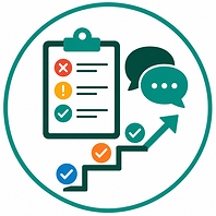 Abstract geometric icon representing performance accountability and follow-through, with a documented performance path, coaching conversation symbols, action steps, and accountability indicators in Talent Authority brand colors.
