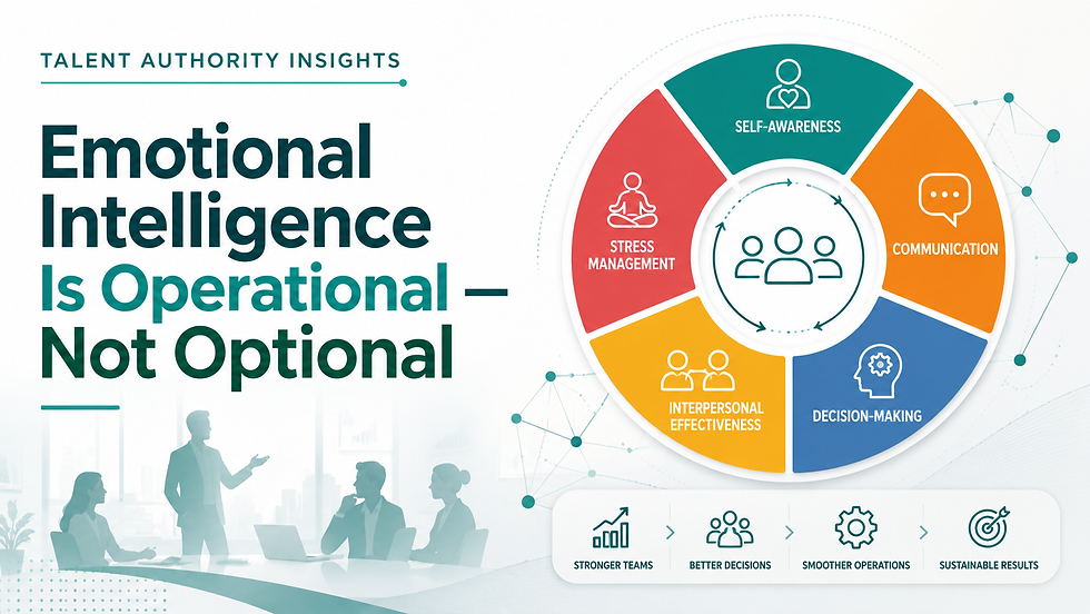 Talent Authority Insights graphic showing emotional intelligence as an operational leadership capability connected to self-awareness, communication, decision-making, stress management, stronger teams, and better results.