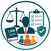 Abstract geometric icon representing employment law compliance for leaders, with balanced decision symbols, workplace policy elements, and risk-reduction indicators in Talent Authority brand colors.