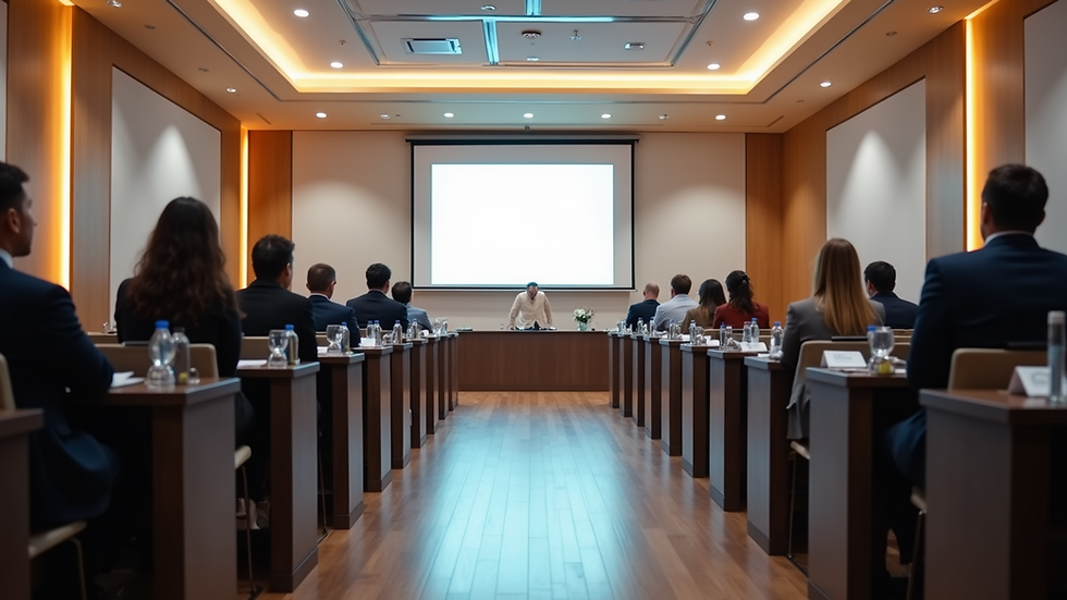 Eye-level view of a conference room set up for a leadership workshop