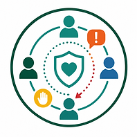 Abstract geometric icon representing employee harassment prevention training, with respectful workplace, reporting, bystander response, and safety indicators in Talent Authority brand colors.