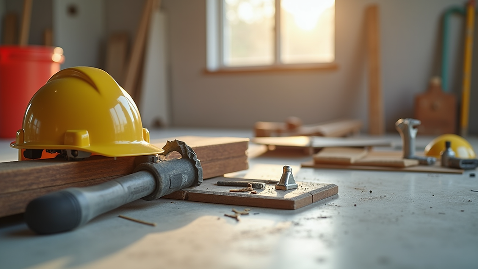 Close-up view of construction tools and materials on a renovation site
