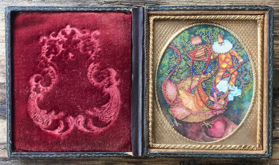 Fool and Dragon guarding Love( Miniature painting in antique folding photoframe)