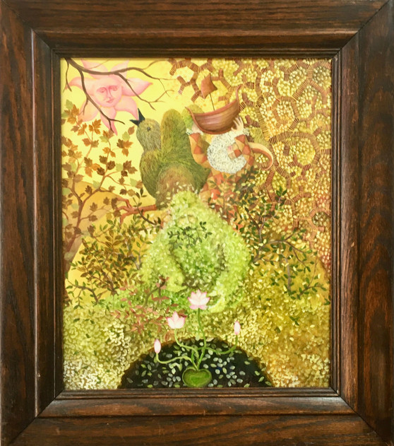 The Green Man emerging under a Pink Sun -Oil on Panel in Antique Frame