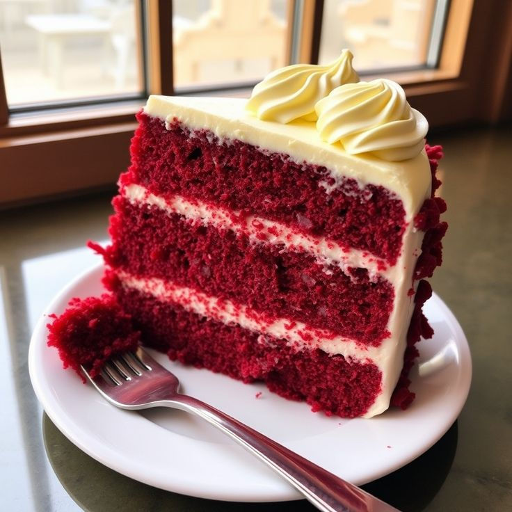 A slice of red velvet cake topped with cream cheese frosting and garnished with a cherry.