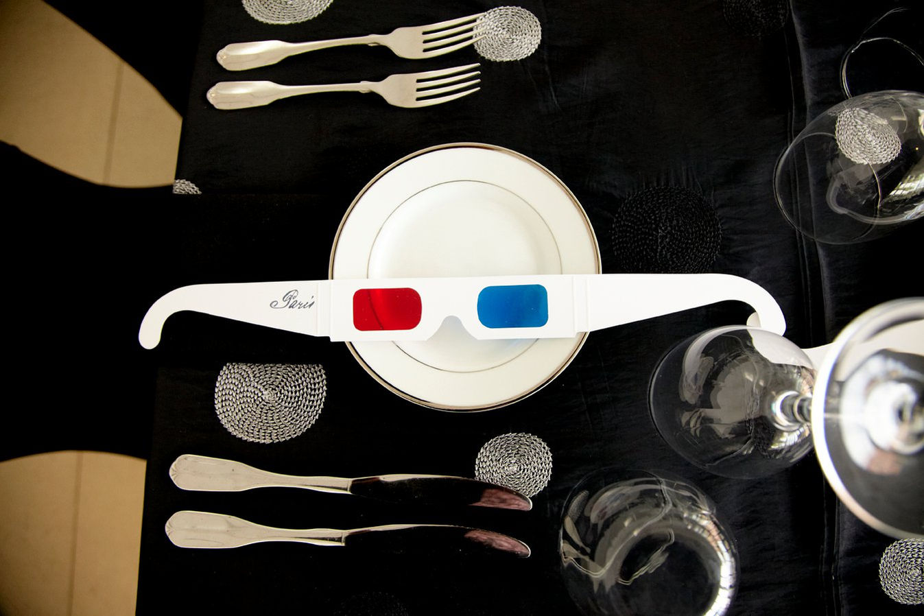 Table settings at Oh La La with 3D glasses.