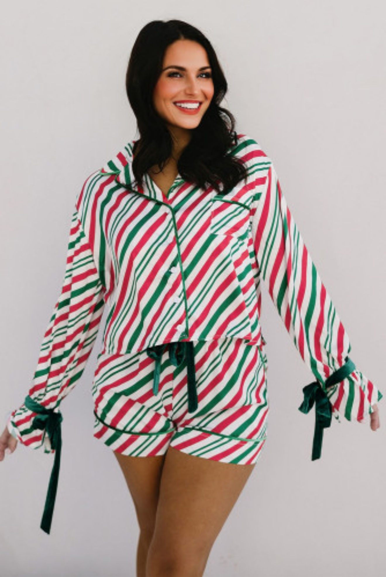 Christmas Striped Pajama Set Velvet Bow