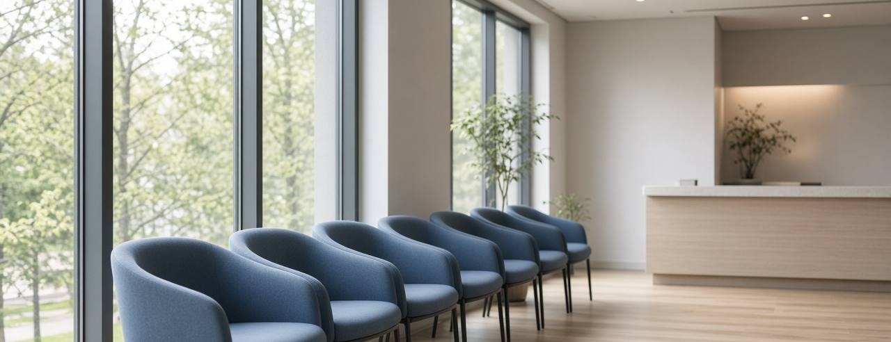 Wide view of a quiet clinic waiting room with blue chairs