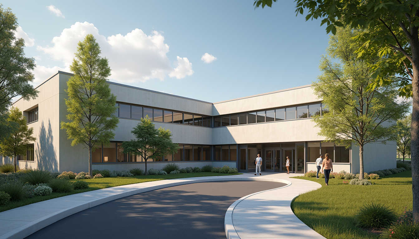 Wide angle view of a modern outpatient rehab facility exterior