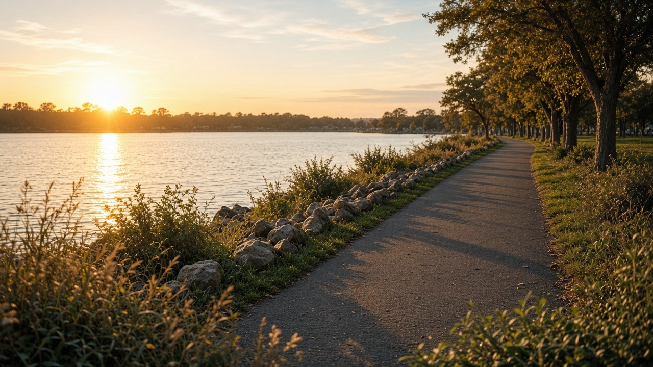 Quiet Long Island shoreline path at golden hour near Nassau County