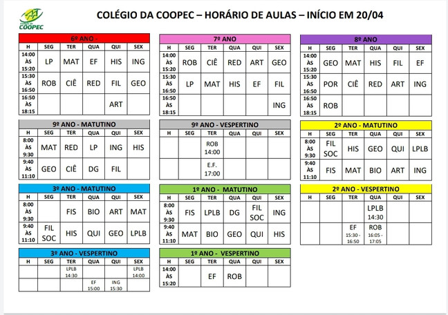 Horário das aulas online