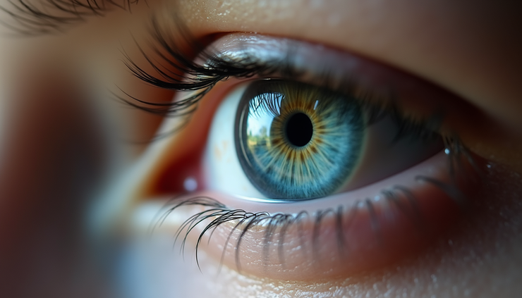 Close-up view of a human eye showing detailed iris and pupil structure