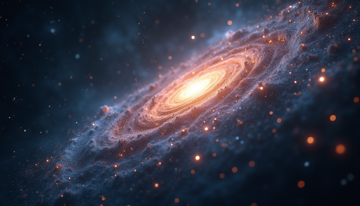 High angle view of cosmic web simulation showing galaxy clusters and filaments