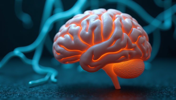 Close-up view of a human brain model highlighting neural pathways