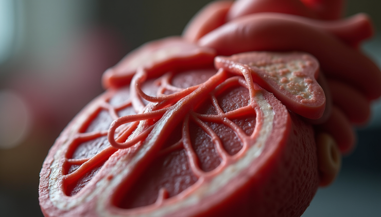 Close-up view of a human heart model showing chambers and vessels