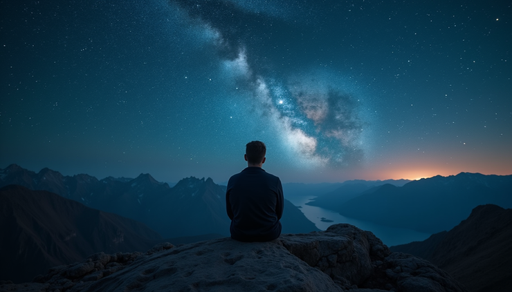 High angle view of a person sitting quietly on a mountain top looking at the starry night sky