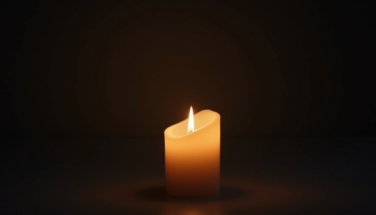 High angle view of a candle burning softly in a dark room, symbolizing inner spirit and calm